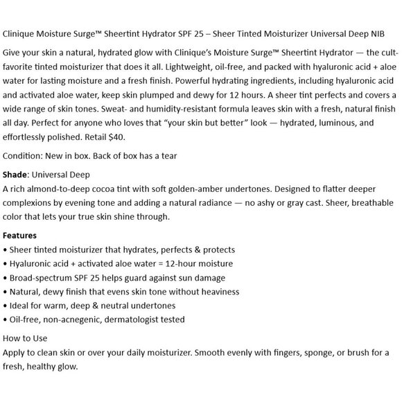 Clinique Moisture Surge Sheertint Hydrator Universal Deep Tinted Moisturizer NIB - Picture 2 of 5